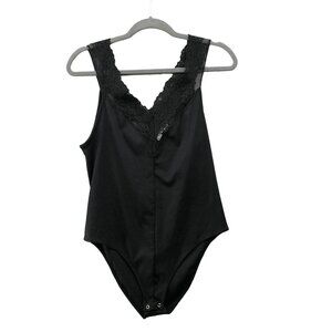 Zara Bodysuit Tank Top Womens S Black Stretchy Lace Trim V-neck